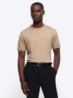 River Island Slim Fit Knitted T-Shirt - Beige