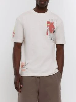 River Island Regular Fit Placement Graphic Top - White