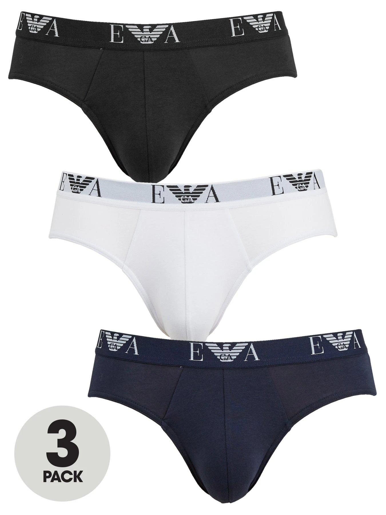 Emporio Armani Bodywear EA Waistband Stretch Cotton Briefs (3 Pack) - Black/Navy/White 3 Emporio Armani Bodywear EA Waistband Stretch Cotton Briefs (3 Pack) - Black/Navy/White
