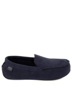 TOTES Mens Airtex Suedette Moccasin Slippers With Memory Foam & Pillowstep - Navy