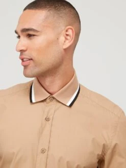 BOSS Liam 233 Regular Fit Longsleeve Shirt With Jersey Collar - Beige -Barbou Clothing Shop VFE0C SQ4 0000000108 BEIGE MDd