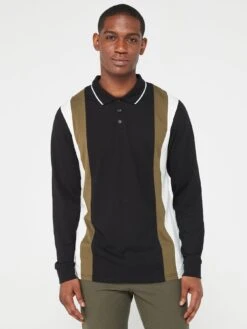 Everyday Long Sleeve Vertical Panel Polo - Khaki/Black