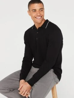 Very Man Longsleeve Cotton Rich Jacquard Knitted Polo Black -Barbou Clothing Shop VGPR0 SQ5 0000000004 BLACK MDd1