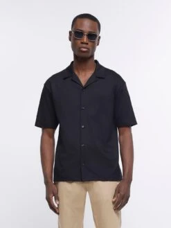 River Island Short Sleeve Regular Fit Jersey Revere Shirt - Black