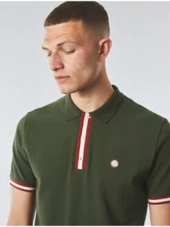 Pretty Green Boston Placket Stripe Slim Fit Polo Shirt - Green -Barbou Clothing Shop VIS5H SQ4 0000000047 GREEN MDd