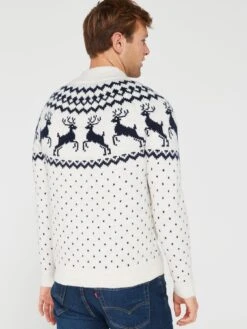Very Man Men's Family Fair Isle Reindeer Christmas Jumper - Natural -Barbou Clothing Shop VK9U7 SQ3 0000000020 BLUE MDb