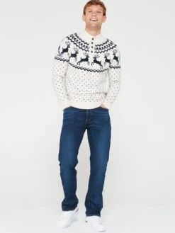 Very Man Men's Family Fair Isle Reindeer Christmas Jumper - Natural -Barbou Clothing Shop VK9U7 SQ4 0000000020 BLUE MDo