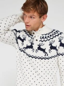 Very Man Men's Family Fair Isle Reindeer Christmas Jumper - Natural -Barbou Clothing Shop VK9U7 SQ6 0000000020 BLUE MDd1