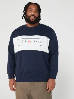 Jack & Jones Plus Colour Block Logo Crew Neck Sweatshirt - Navy