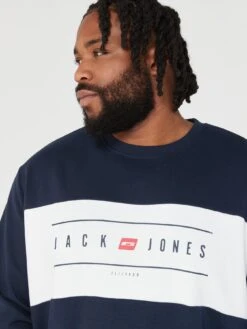 Jack & Jones Plus Colour Block Logo Crew Neck Sweatshirt - Navy -Barbou Clothing Shop VKO73 SQ4 0000000048 NAVY MDd