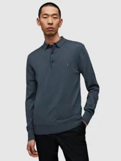 AllSaints Mode Merino L/S Knit Polo - Blue