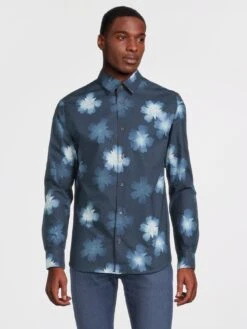 Ted Baker Cabra Photographic Floral Print Long Sleeve Shirt - Navy